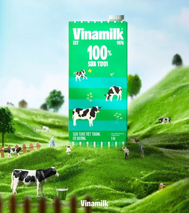 Đồng cỏ xanh và sản phẩm sữa tươi Vinamilk